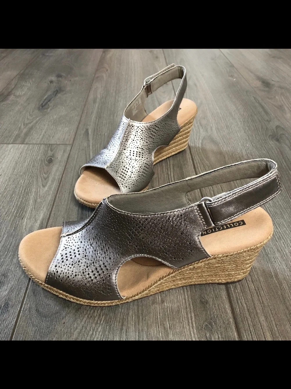 Clarks Lafley Rosen Pewter Metallic Wedge Sandals Mules US 8 / EU 39 NEW IN BOX